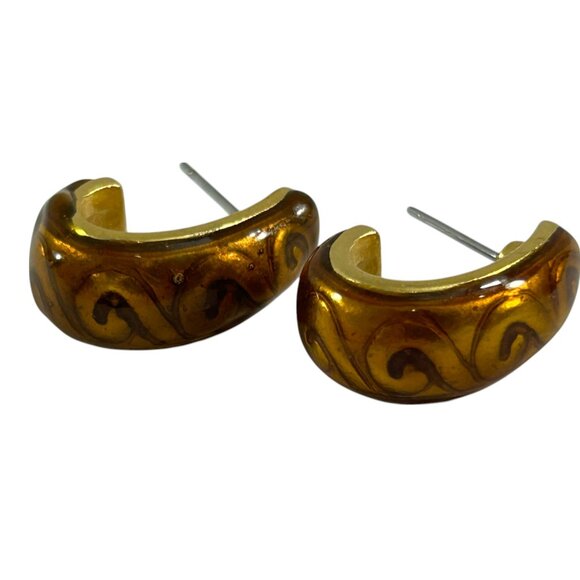 Half Hoop Earrings Brown Swirl Design Gold Tone Pierced Retro Style - Picture 1 of 9